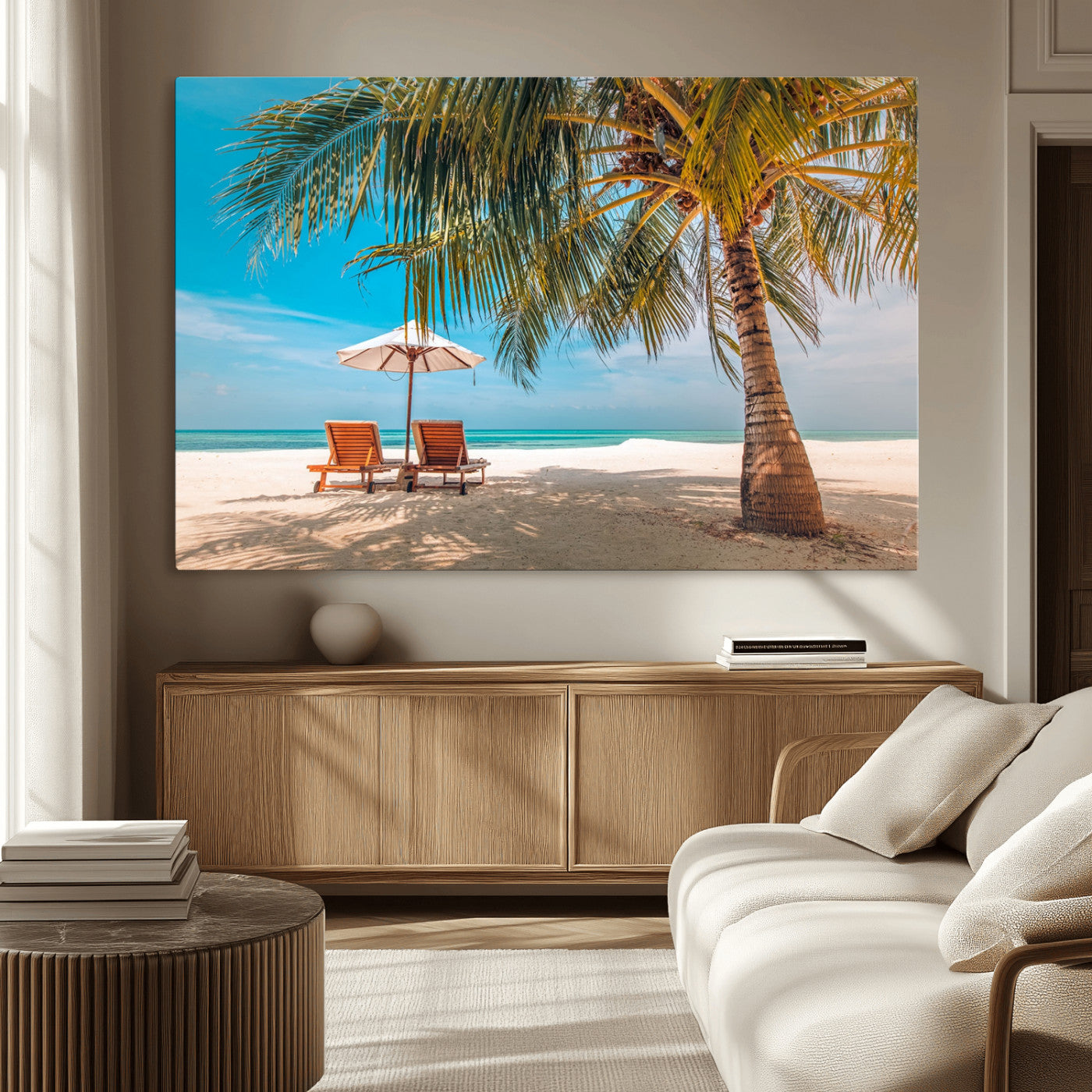 69754-MGV-CV-36X24-Tropical Beach Wall Art – Relaxing Palm Tree and Lounge Chairs Canvas Print, Serene Coastal Decor for Living Room, Bedroom, Office