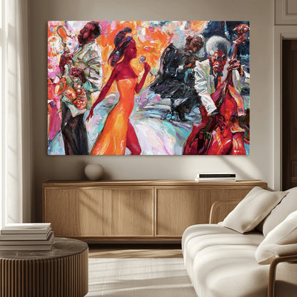 24452-MGV-CV-36X24-Vibrant Jazz Musician Painting - Expressive Art Print of Live Jazz Band, Perfect Wall Decor for Music Lovers and Art Enthusiasts