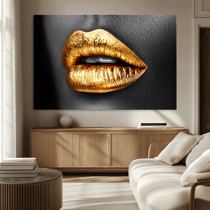84747-MGV-CV-36X24-Golden Lips Black & White Portrait – Glamorous Metallic Lip Art Print, Modern Wall Decor for Bedroom, Beauty & Fashion Lover Gift