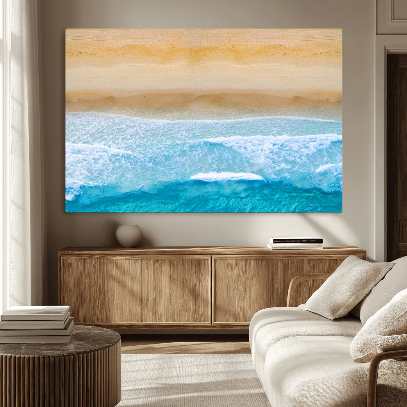 43046-MGV-CV-36X24-Aerial Beach Wall Art – Serene Ocean Waves & Sandy Shore Canvas Print, Coastal Home Decor for Living Room, Bedroom or Office