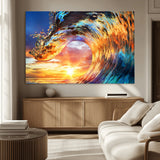 52890-MGV-CV-36X24-Surfing Wave Wall Art Canvas Print, Framed Sunset Ocean Art Picture Print, Ocean Wave Perfect Nautical Decor Artwork