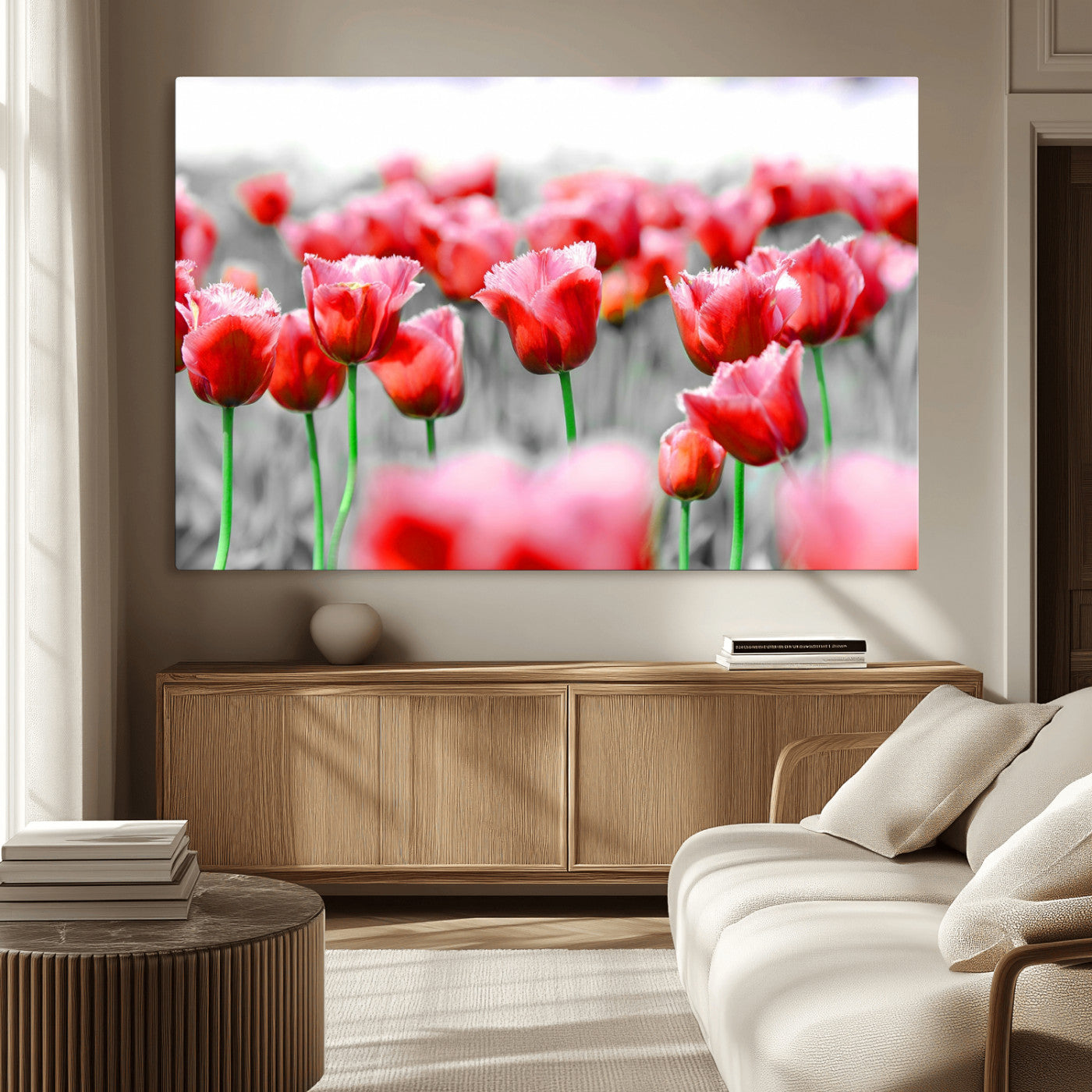 44554-MGV-CV-36X24-Vibrant red tulips stand out beautifully against a black-and-white background, making a striking decor piece perfect for any home