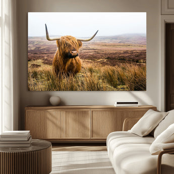 79391-MGV-CV-36X24-Majestic Highland Cow in Misty Scottish Moorland – Rustic Natural Charm, Perfect for Unique Home or Office Decor