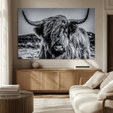 97372-MGV-CV-36X24-Elegant Highland Cow Wall Art – Black and White Canvas Print, Rustic Nature Decor for Home, Office, Living Room or Man Cave