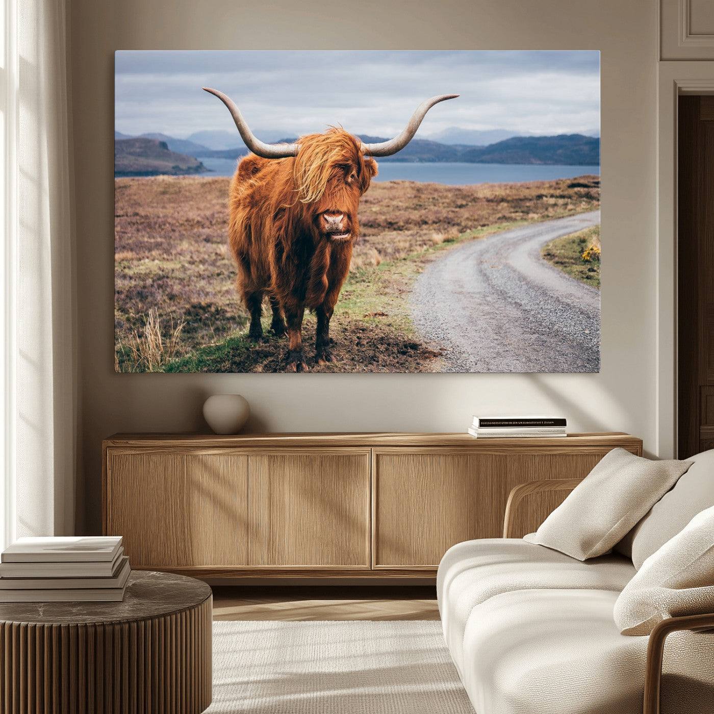 56121-MGV-CV-36X24-Rustic Highland Cow Wall Art – Panoramic Nature Canvas Print, Perfect Decor for Home, Office, Living Room or Man Cave