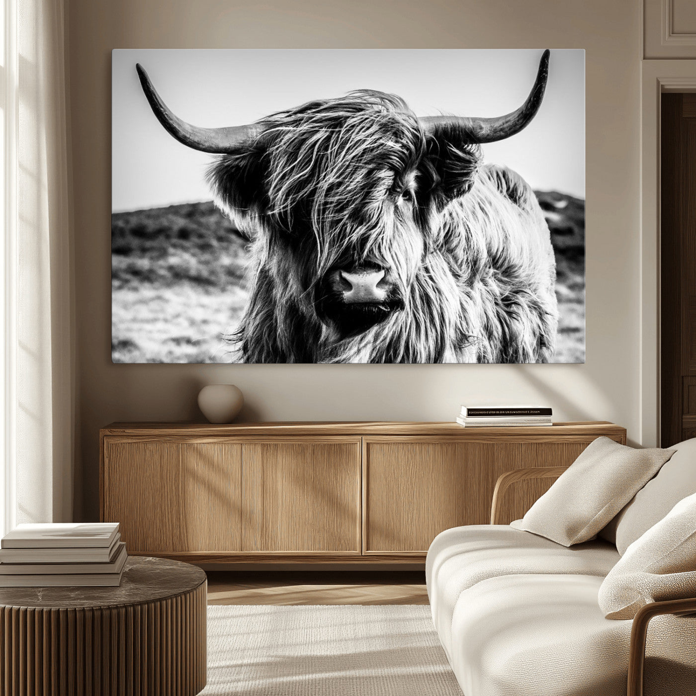 36979-MGV-CV-36X24-Striking black-and-white portrait of a Highland cow with flowing fur and majestic horns, perfect for rustic and elegant home or