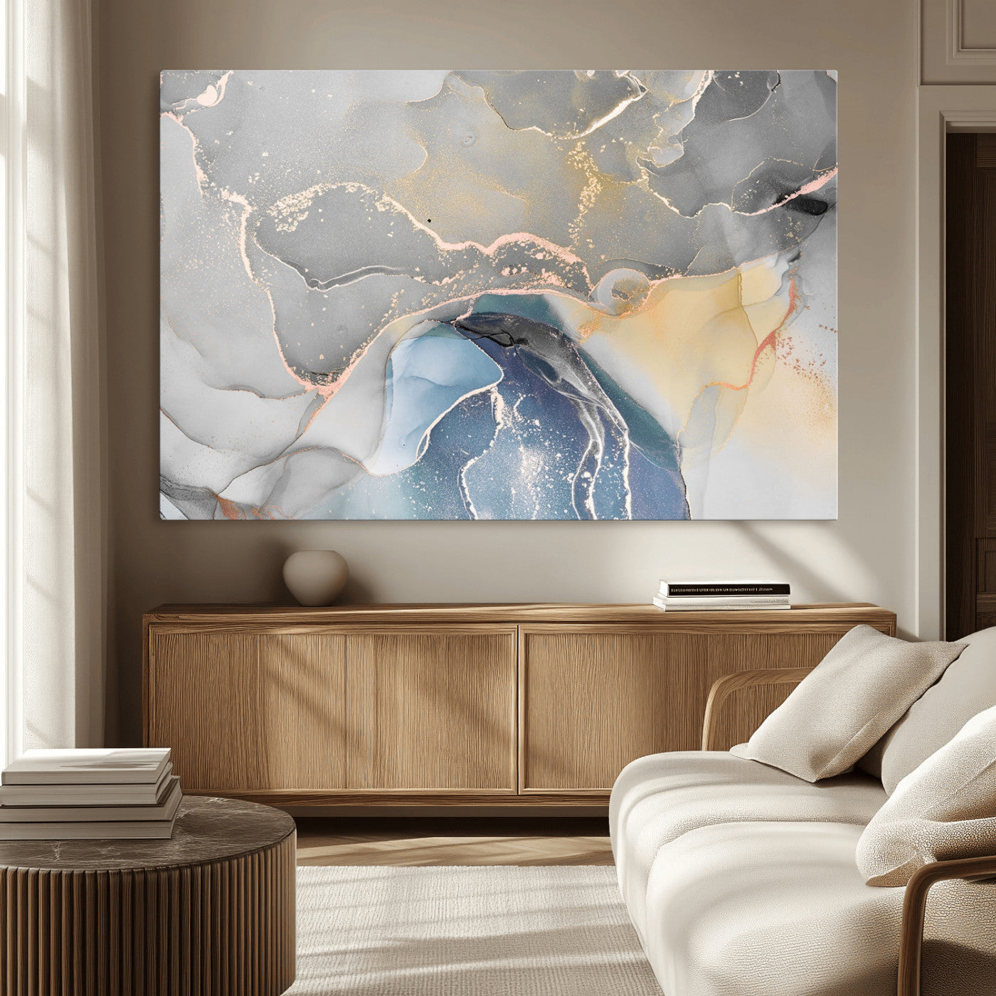 63211-MGV-CV-36X24-Abstract Fluid Art Wall Decor – Blue, Gray & Gold Canvas Print, Modern Home and Office Wall Art Decor for Living Room, Bedroom or