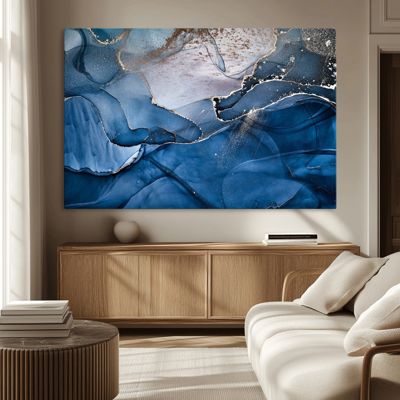 27810-MGV-CV-36X24-Abstract Blue Gold Fluid Art Wall – Modern Canvas Print, Elegant Home & Office Wall Art, Stylish Living Room or Bedroom Decor