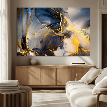 42100-MGV-CV-36X24-Golden Flow Abstract Wall Art – Panoramic Modern Blue and Gold Canvas Print, Contemporary Artistic Decor for Home, Office