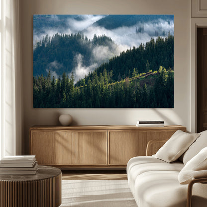 55972-MGV-CV-36X24-Whispering Pines Wall Art – Panoramic Misty Forest Canvas Print, Serene Nature Decor for Home, Office or Cabin Retreat