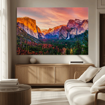 24519-MGV-CV-36X24-Yosemite Valley Sunset Wall Art – Majestic Mountain Landscape with Waterfall and Vibrant Sky, Nature Photography for Home or