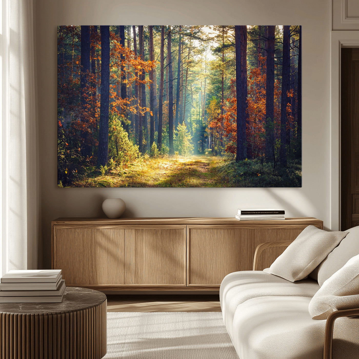 86249-MGV-CV-36X24-Sunlit Autumn Forest Path Wall Art – Peaceful Nature Scene with Fall Foliage, Calming Woods Decor for Home or Office