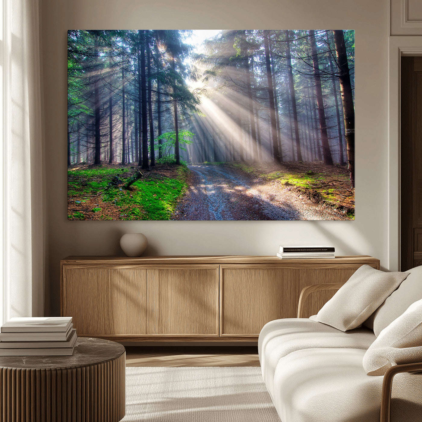 42047-MGV-CV-36X24-Sunlit Forest Path Wall Art – Nature Canvas Print, Serene Woodland Landscape, Perfect Home & Office Decor for Calm and Tranquil