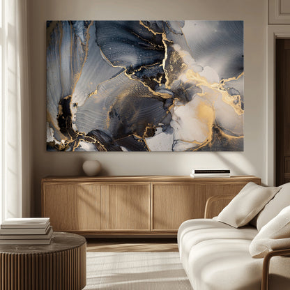 24068-MGV-CV-36X24-Luxury Abstract Wall Art – Gold & Gray Fluid Ink Painting Canvas, Modern Metallic Home Decor, Elegant Office or Living Room Accent