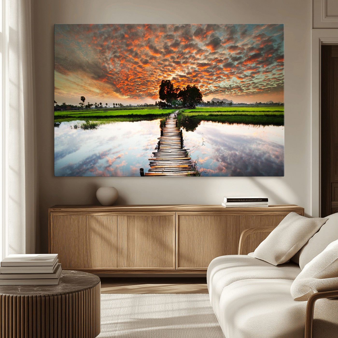 29105-MGV-CV-36X24-Rustic Wooden Bridge Wall Art – Scenic Sunset Over Rice Fields and Reflective Water Canvas Print, Nature Landscape Decor for