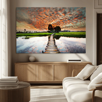29105-MGV-CV-36X24-Rustic Wooden Bridge Wall Art – Scenic Sunset Over Rice Fields and Reflective Water Canvas Print, Nature Landscape Decor for