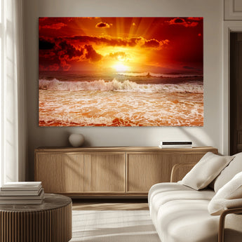 60211-MGV-CV-36X24-Fiery Sunset Ocean Waves Canvas Print – Vibrant Red & Orange Coastal Wall Art, Dramatic Seascape Decor