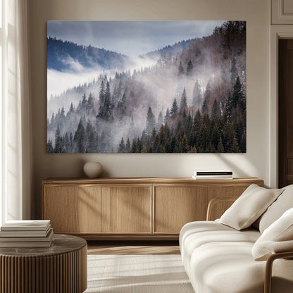 18459-MGV-CV-36X24-Misty Pine Forest Wall Art – Serene Mountain Landscape Canvas Print, Tranquil Nature Artwork for Living Room, Bedroom, Cabin or