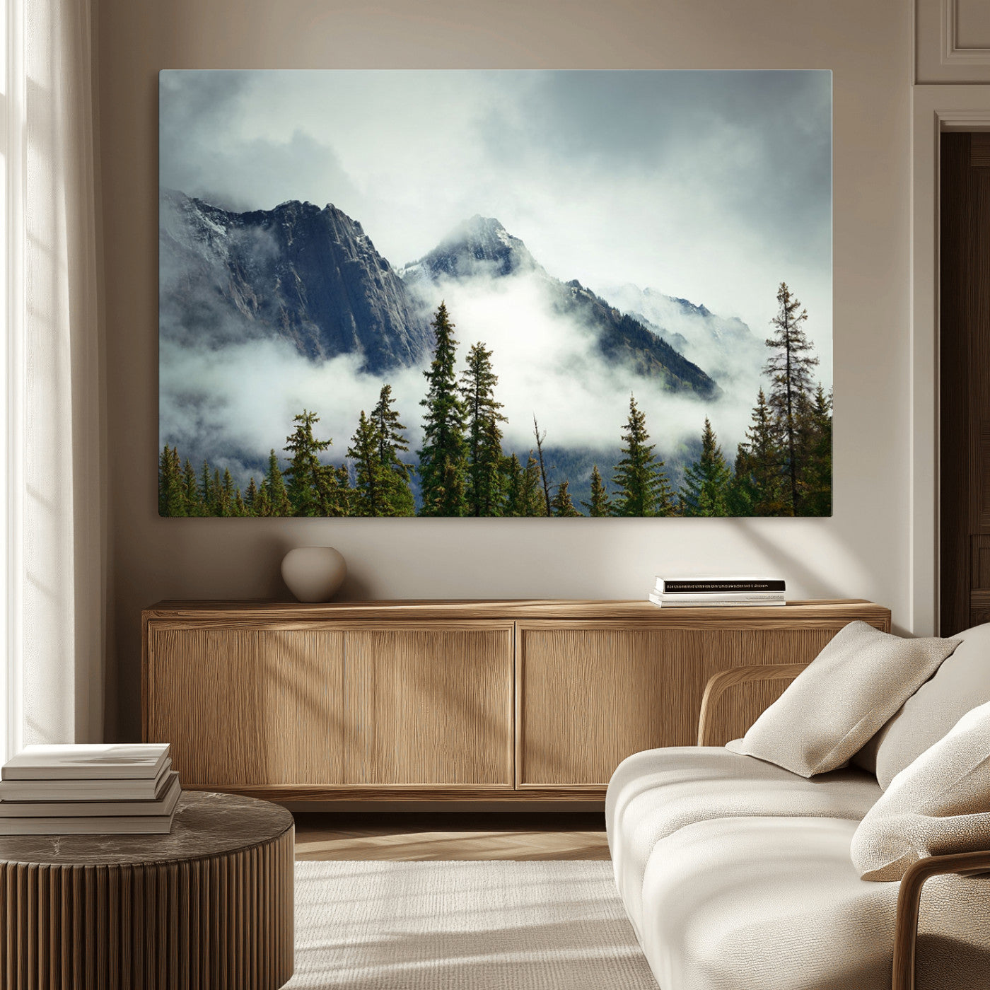 93219-MGV-CV-36X24-Misty Mountain Wall Art – Foggy Pines and Rocky Peaks Canvas Print, Nature Landscape Decor for Living Room, Office or Bedroom