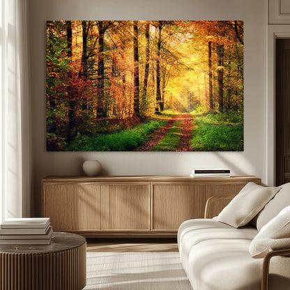 73494-MGV-CV-36X24-Golden Autumn Forest Path Wall Art – Sunlit Woodland Canvas Print, Fall Nature Landscape Home Decor
