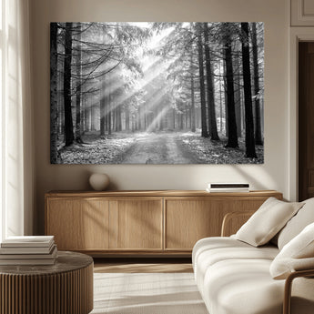 39665-MGV-CV-36X24-Black and White Forest Path Wall Art – Sunlight Rays in Trees Canvas Print, Nature Landscape Decor for Living Room or Office