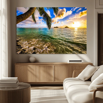 68606-MGV-CV-36X24-Tropical Palm Tree Ocean Wall Art – Sunset Beach Seascape Print, Coastal Paradise Decor for Living Room or Office