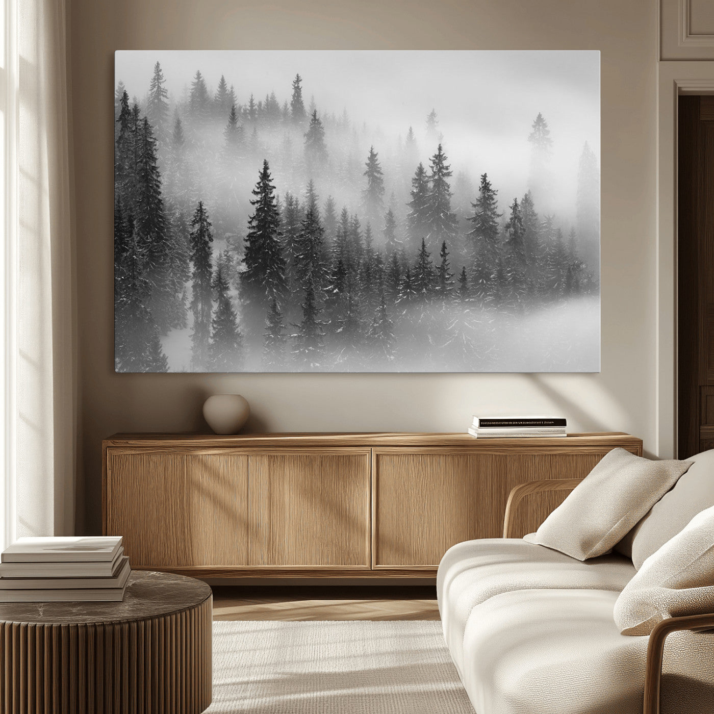 57235-MGV-CV-36X24-Misty Pine Forest Wall Art – Black and White Mountain Landscape Canvas Print, Nature Woodland Decor for Living Room, Bedroom or