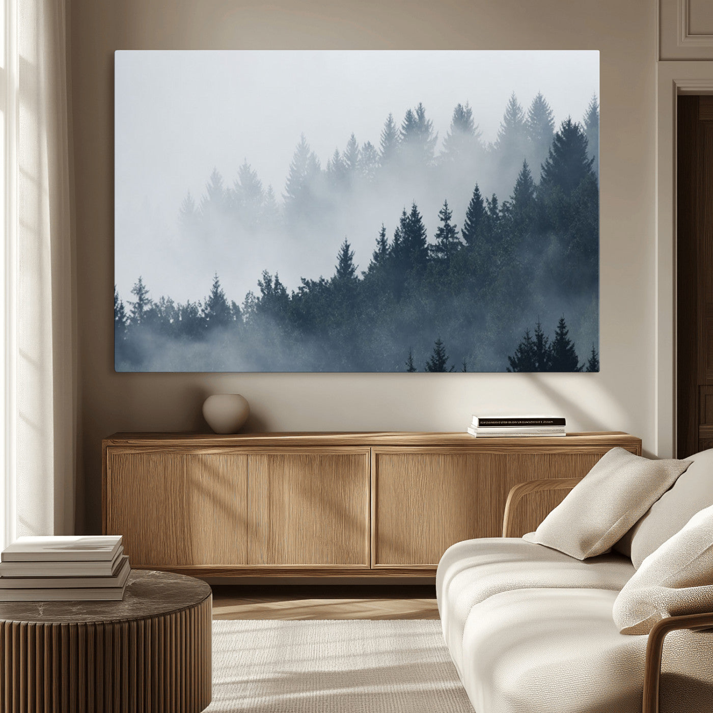 23671-MGV-CV-36X24-Misty Forest Wall Art – Serene Foggy Pine Trees Landscape Canvas Print, Tranquil Nature Decor for Living Room, Bedroom or Office