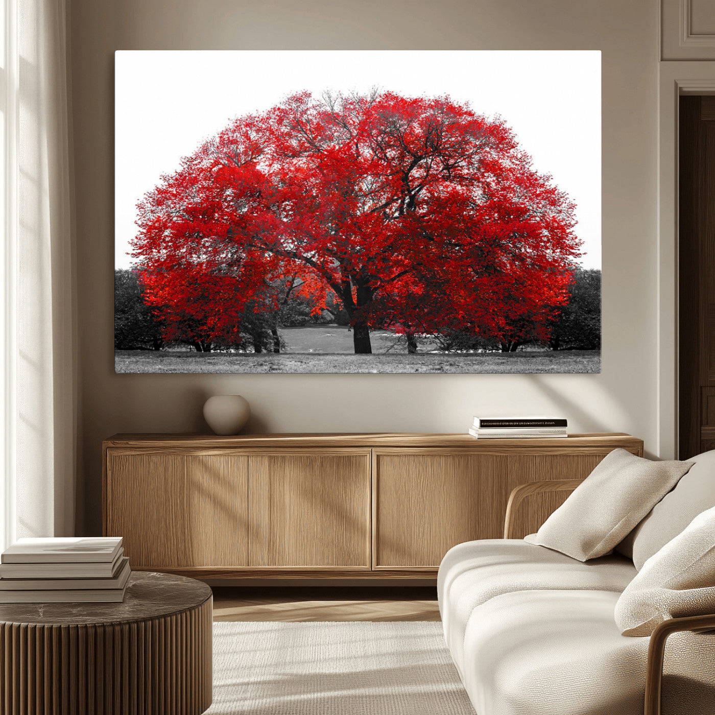 80021-MGV-CV-36X24-Red Tree Wall Art – Striking Black and White Landscape Canvas Print with Vibrant Red Leaves, Modern Nature Decor for Living Room