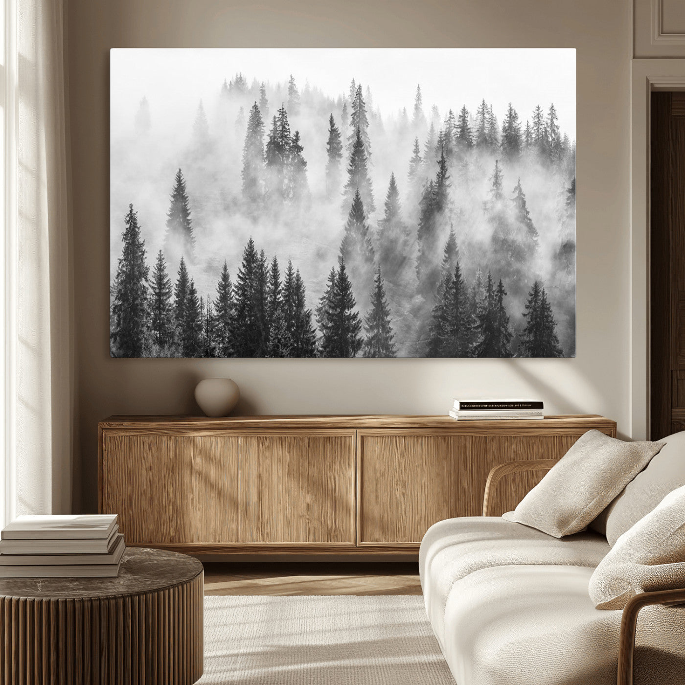 10422-MGV-CV-36X24-Misty Pine Forest Wall Art – Black and White Foggy Landscape Canvas Print, Serene Nature Woodland Decor for Bedroom, Office or