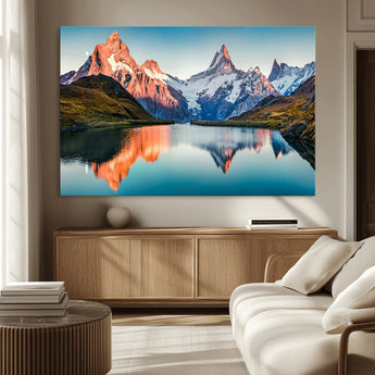 88453-MGV-CV-36X24-Mountain Lake Wall Art – Snow-Capped Peaks Reflected in Alpine Water Canvas Print, Nature Landscape Wall Decor for Living Room or