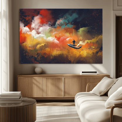 45085-MGV-CV-36X24-Surreal Cosmic Wall Art – Abstract Galaxy Dreamscape Canvas Print with Man and Dog in Boat, Fantasy Nebula Painting for Living
