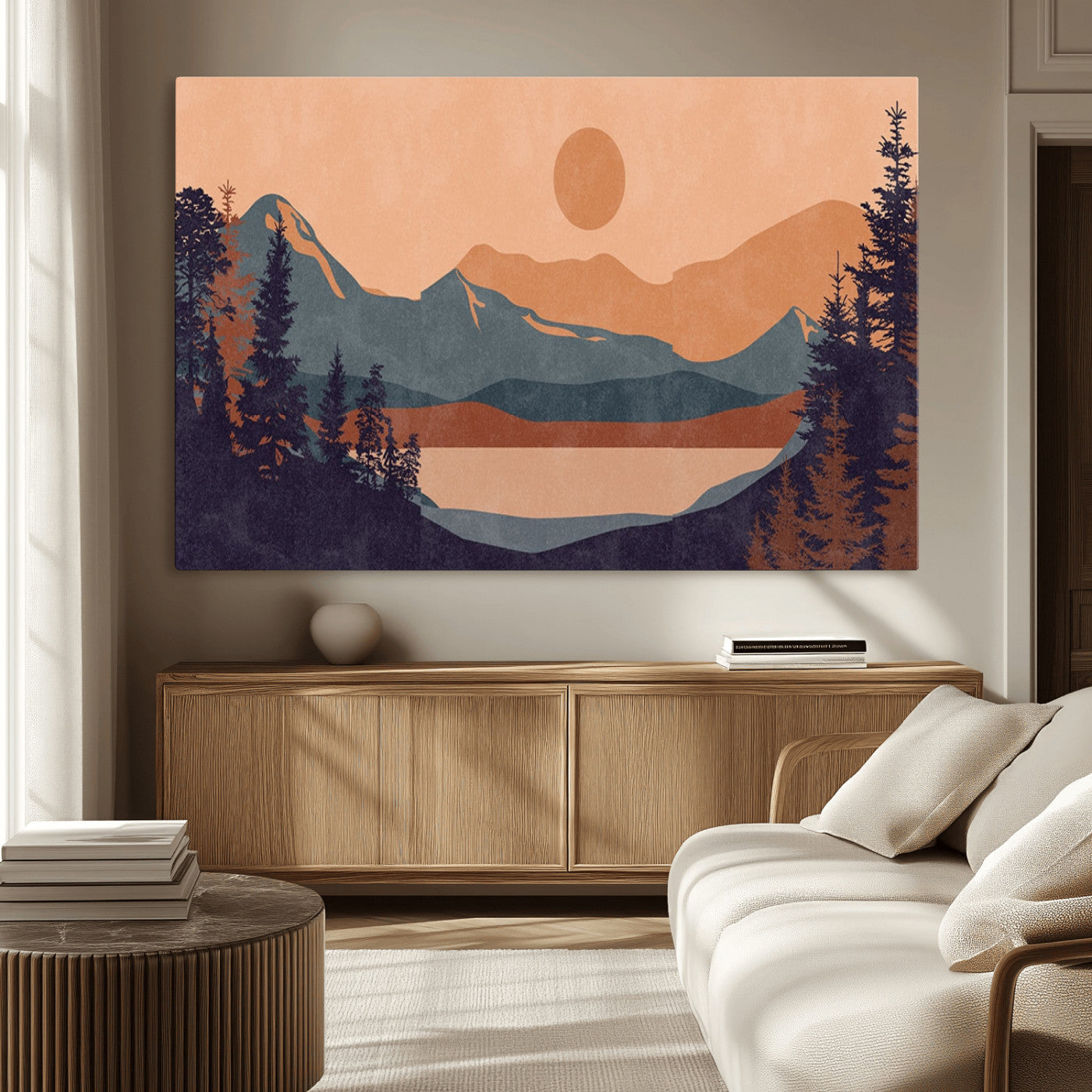 62795-MGV-CV-36X24-Minimalist Mountain Landscape Wall Art – Abstract Sunset Over Peaks and Pine Trees Canvas Print, Modern Nature Decor for Living