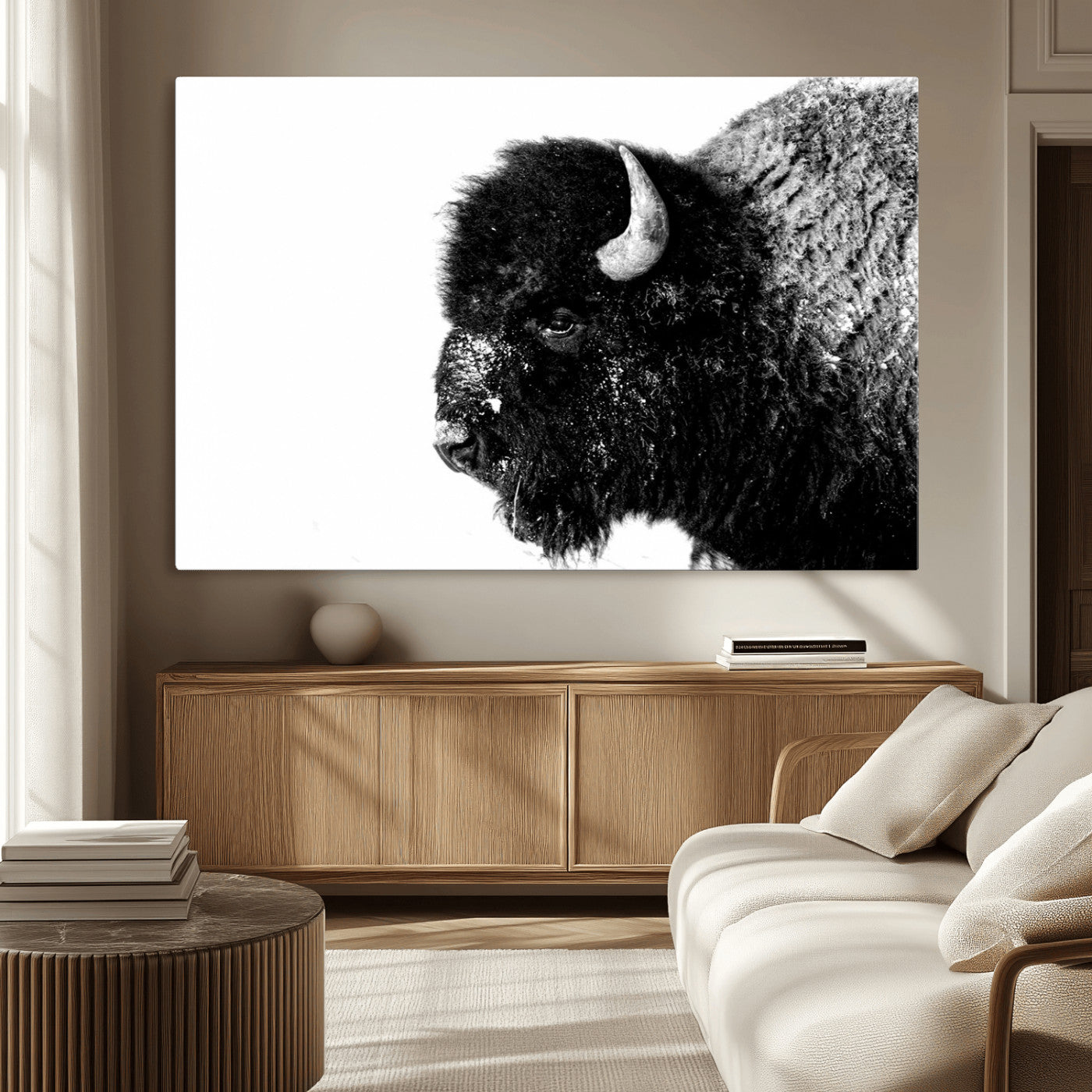 68780-MGV-CV-36X24-Bison Close-Up Wall Art – Black and White Buffalo Canvas Print, Rustic Wildlife Photography Decor for Living Room, Office, or