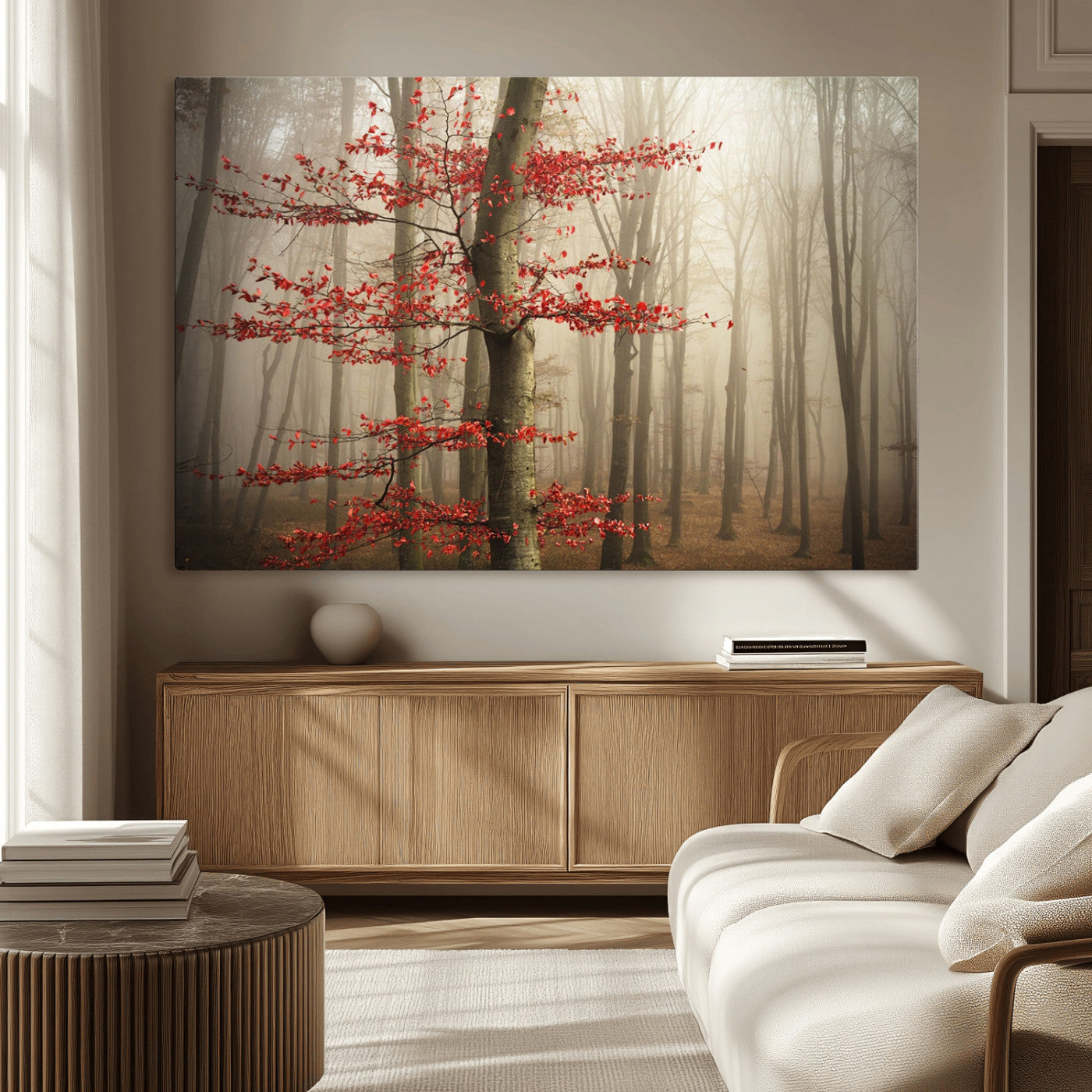 61855-MGV-CV-36X24-Misty Forest Wall Art – Red Tree with Autumn Leaves Canvas Print, Moody Woodland Nature Decor for Living Room, Bedroom, or Office