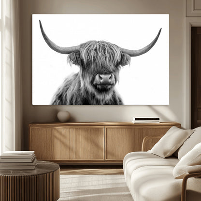 10123-MGV-CV-36X24-Black and White Highland Cow Wall Art – Modern Farmhouse Animal Print, Rustic Scottish Bull Canvas Decor for Living Room, Bedroom,