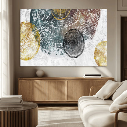 70653-MGV-CV-36X24-Abstract Tree Ring Wall Art – Modern Rustic Wood Slice Canvas Print with Gold Accents, Contemporary Nature Decor for Living Room,