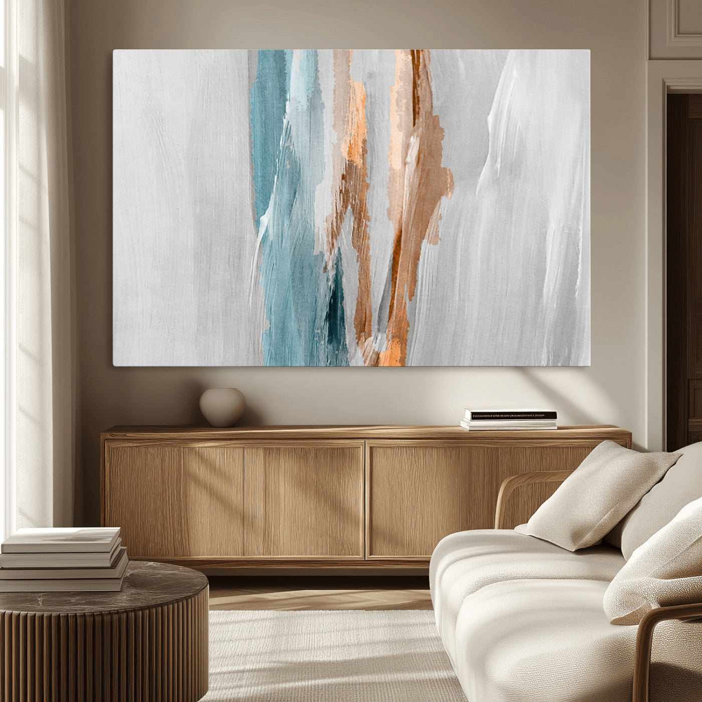 66154-MGV-CV-36X24-Abstract Brushstroke Wall Art – Modern Teal and Gold Canvas Print, Minimalist Contemporary Painting for Living Room, Bedroom, or