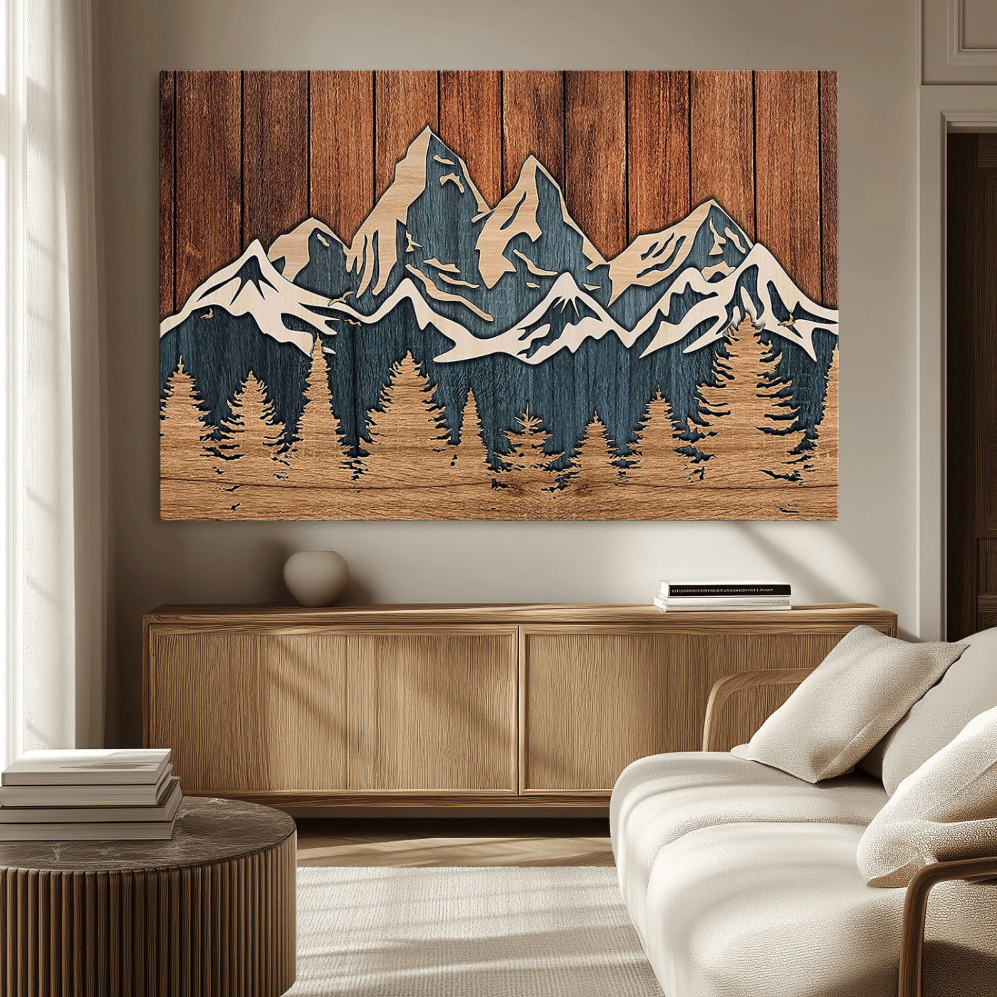 41330-MGV-CV-36X24-Rustic Mountain Wall Art – Wooden Nature Scene with Trees and Peaks, Handmade 3D Layered Decor for Living Room, Cabin or Office