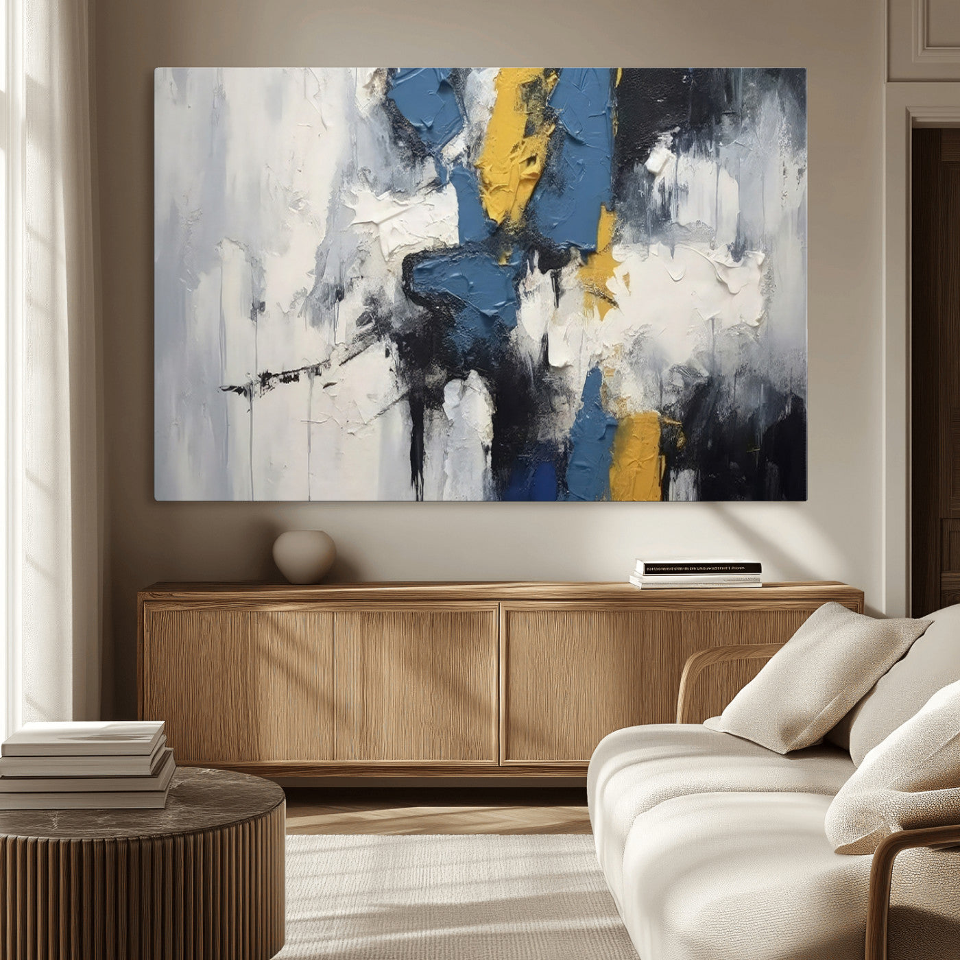 63850-MGV-CV-36X24-Abstract Blue and Yellow Wall Art – Modern Textured Canvas Painting, Bold Contemporary Artwork for Living Room, Bedroom or Office