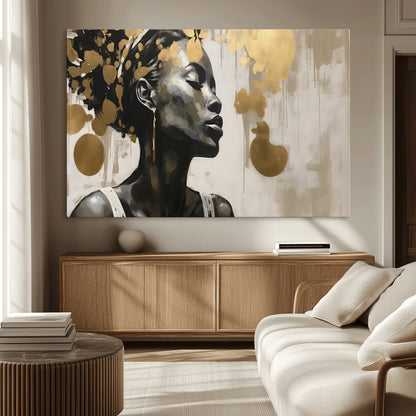 65669-MGV-CV-36X24-Elegant Black Woman Wall Art – Modern Abstract Portrait Canvas with Gold Accents, Contemporary Afrocentric Decor for Living Room