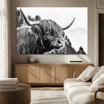 61570-MGV-CV-36X24-Highland Cow Wall Art – Black and White Scottish Bull Canvas Print, Rustic Farmhouse Animal Decor for Living Room, Bedroom, or