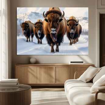56701-MGV-CV-36X24-Bison Herd Wall Art – Buffalo Walking in Snowy Mountains Canvas Print, Rustic Wildlife Decor for Cabin, Lodge, or Living Room