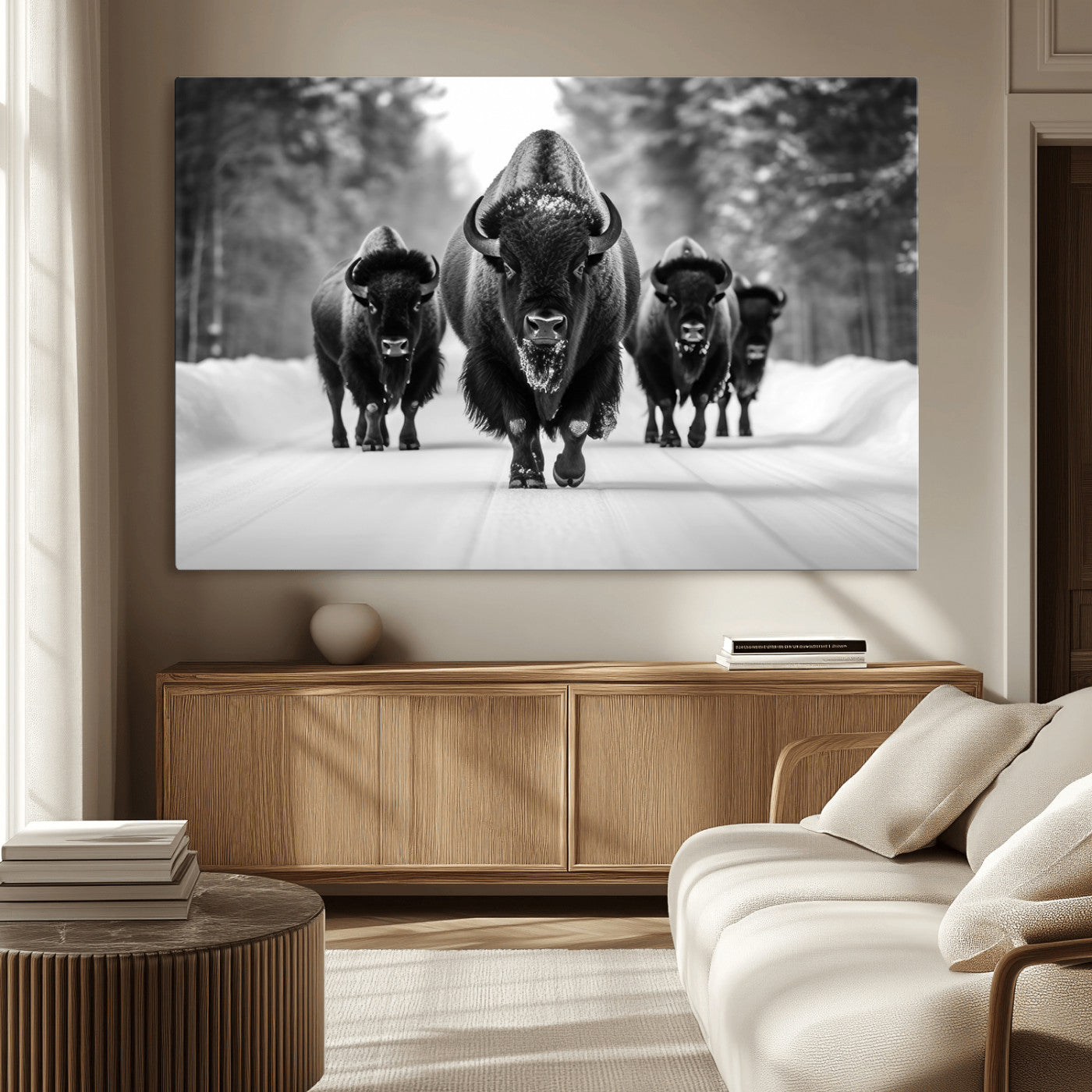45287-MGV-CV-36X24-Bison Herd Wall Art – Black and White Buffalo Snow Road Canvas Print, Rustic Wildlife Decor for Cabin, Lodge or Living Room