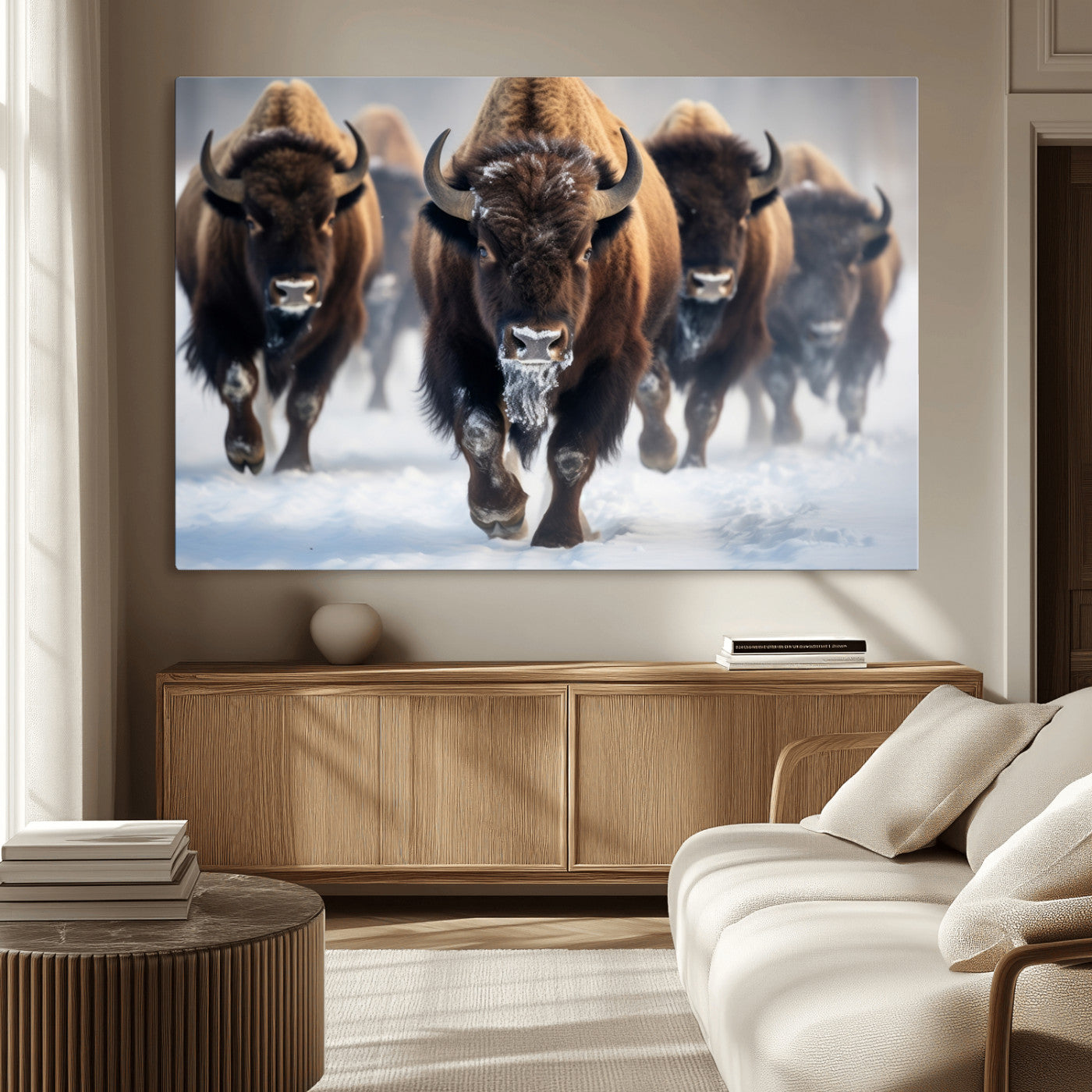 80512-MGV-CV-36X24-Bison Herd Wall Art – Buffalo Running in Snow Canvas Print, Rustic Wildlife Photography Decor for Cabin, Lodge, or Living Room