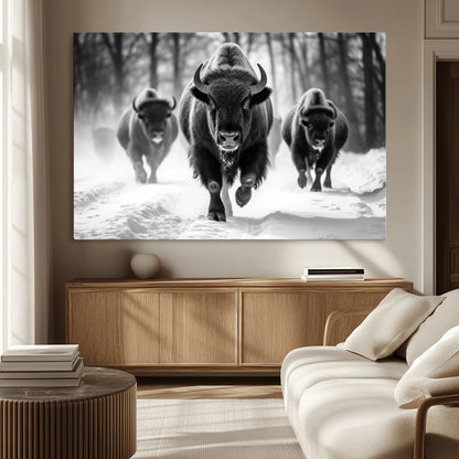 97552-MGV-CV-36X24-Black and White Bison Wall Art – Buffalo Herd Running in Snow Canvas Print, Rustic Wildlife Photography Decor for Cabin, Lodge, or