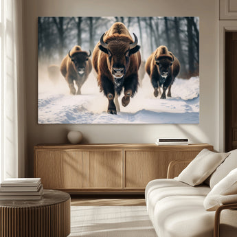 56549-MGV-CV-36X24-Wild Bison Wall Art – Majestic Buffalo Herd Running in Snow Canvas Print, Rustic Wildlife Photography Decor for Cabin, Lodge, or