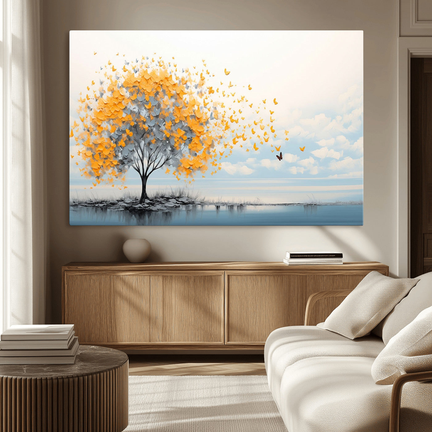 23385-MGV-CV-36X24-Golden Butterfly Tree Wall Art – Abstract Yellow and Gray Canvas Print, Modern Nature Artwork for Living Room, Bedroom or Office