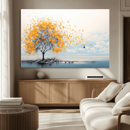 23385-MGV-CV-36X24-Golden Butterfly Tree Wall Art – Abstract Yellow and Gray Canvas Print, Modern Nature Artwork for Living Room, Bedroom or Office