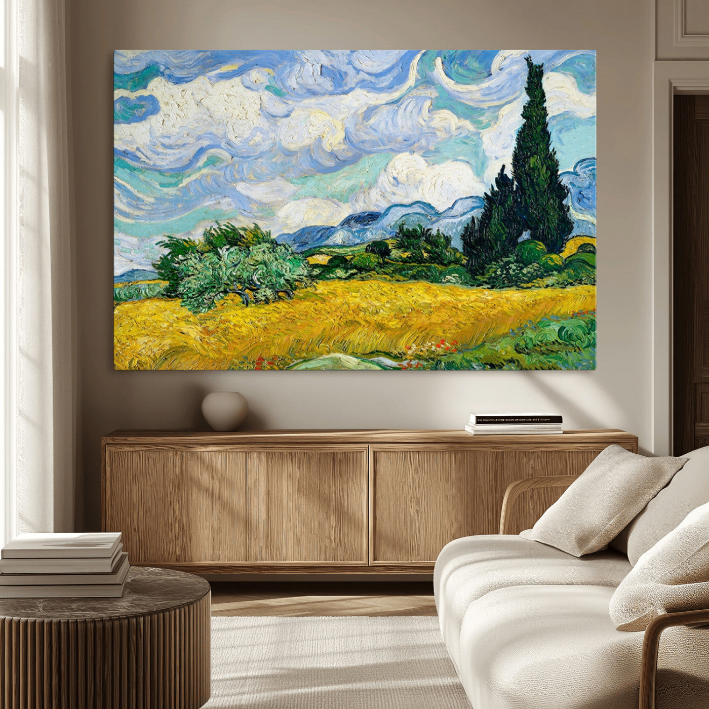 97252-MGV-CV-36X24-Wheat Field with Cypress – Van Gogh Wall Art, Impressionist Landscape Canvas Print, Rustic Home Decor for Living Room or Office